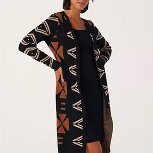 Nina Leonard Black Cardigan with Brown & Cream Geometric Motif NWOT